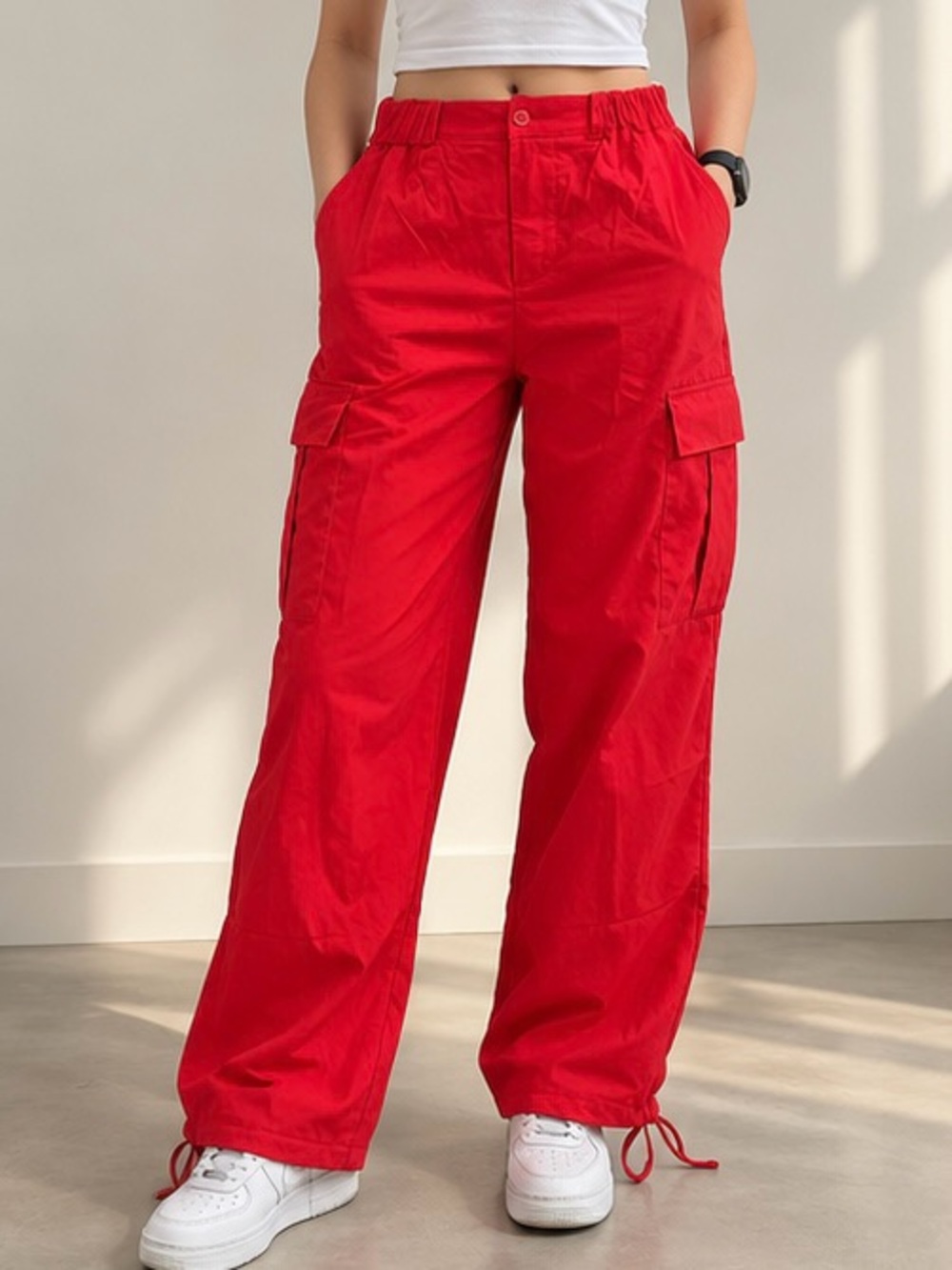 NWT Red Wide-Leg Cargo Pants with Drawstring Hem
